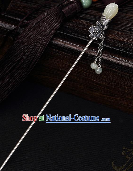 Chinese Traditional Hair Jewelry Classical Jade Mangnolia Hair Stick Cheongsam Accessories Headpiece Handmade Silver Tassel Hairpin