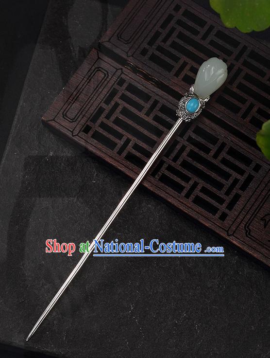 Chinese Cheongsam Accessories Headpiece Handmade Hetian Jade Mangnolia Hairpin Traditional Hair Jewelry Classical Silver Hair Stick