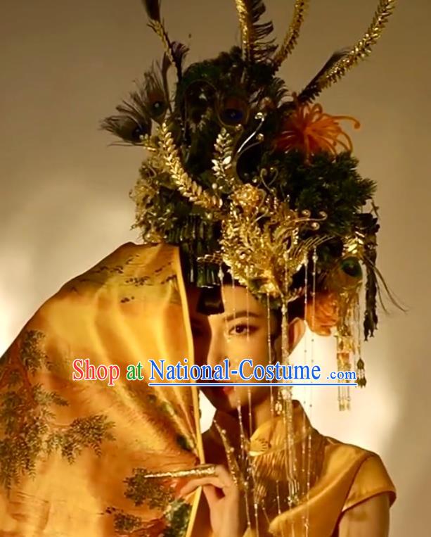 Custom China Stage Show Peacock Hair Crown Opera Deluxe Phoenix Coronet Catwalks Headdress Wedding Hair Accessories