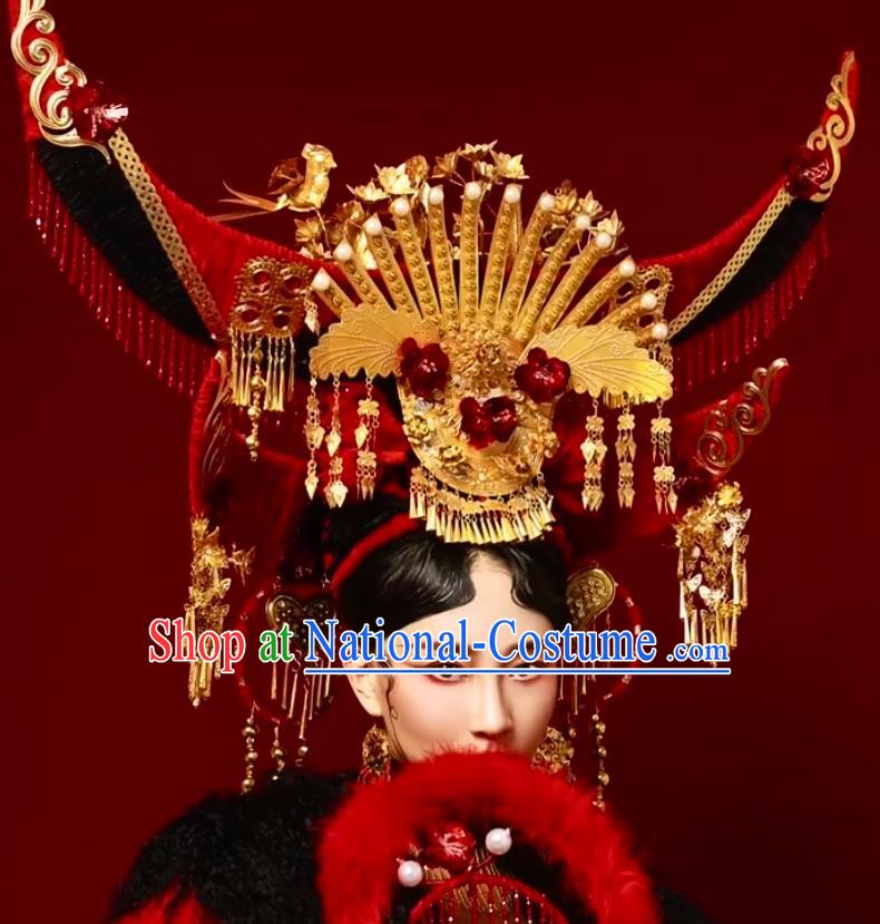 Custom China Wedding Hair Accessories Stage Show Red Giant Hair Crown Opera Deluxe Phoenix Coronet Catwalks Headdress