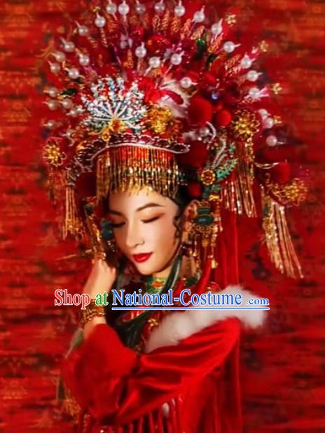 Custom China Opera Imperial Concubine Deluxe Phoenix Coronet Catwalks Headdress Wedding Hair Accessories Stage Show Giant Red Hair Crown