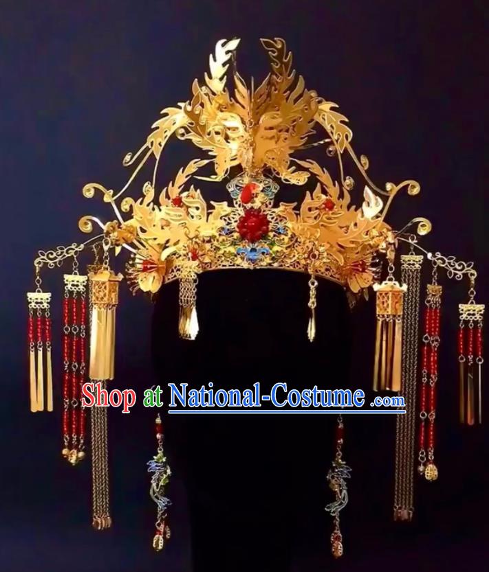 Custom China Wedding Hair Accessories Stage Show Golden Hair Crown Ancient Empress Deluxe Cloisonne Phoenix Coronet Catwalks Headdress