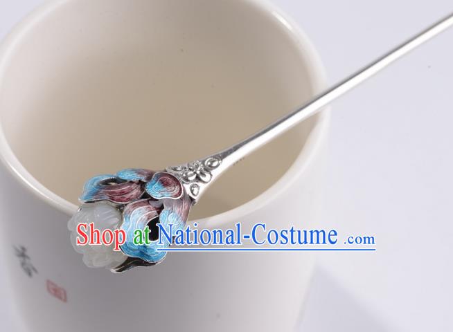 Chinese Classical Jade Mangnolia Hair Stick Cheongsam Headpiece Handmade Cloisonne Silver Hairpin Traditional Hair Accessories