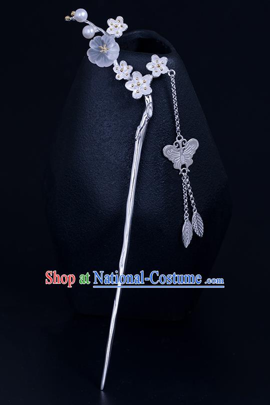 Chinese Handmade Silver Butterfly Tassel Hairpin Traditional Hair Jewelry Classical Crystal Plum Hair Stick Cheongsam Headpiece