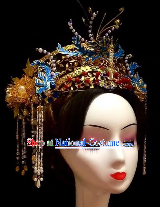 Top China Wedding Headdress Stage Show Cloisonne Hair Crown Ancient Imperial Concubine Deluxe Phoenix Coronet Catwalks Hair Accessories