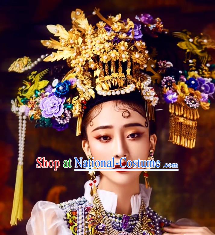 China Catwalks Hair Accessories Wedding Headdress Stage Show Cloisonne Hair Crown Ancient Qing Dynasty Imperial Concubine Deluxe Phoenix Coronet