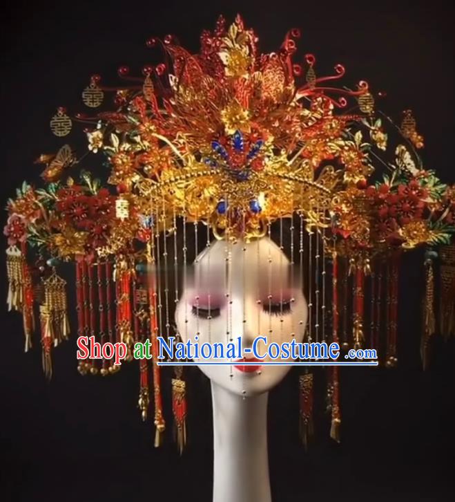 China Ancient Empress Deluxe Phoenix Coronet Catwalks Hair Accessories Wedding Headdress Stage Show Giant Red Hair Crown