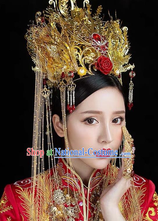 China Stage Show Giant Golden Hair Crown Ancient Queen Deluxe Phoenix Coronet Catwalks Hair Accessories Wedding Headdress