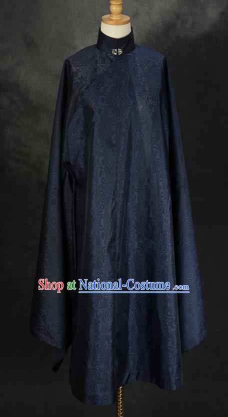 China Traditional Hanfu Navy Silk Long Gown Noble Woman Historical Clothing Ancient Ming Dynasty Royal Countess Garment Costume