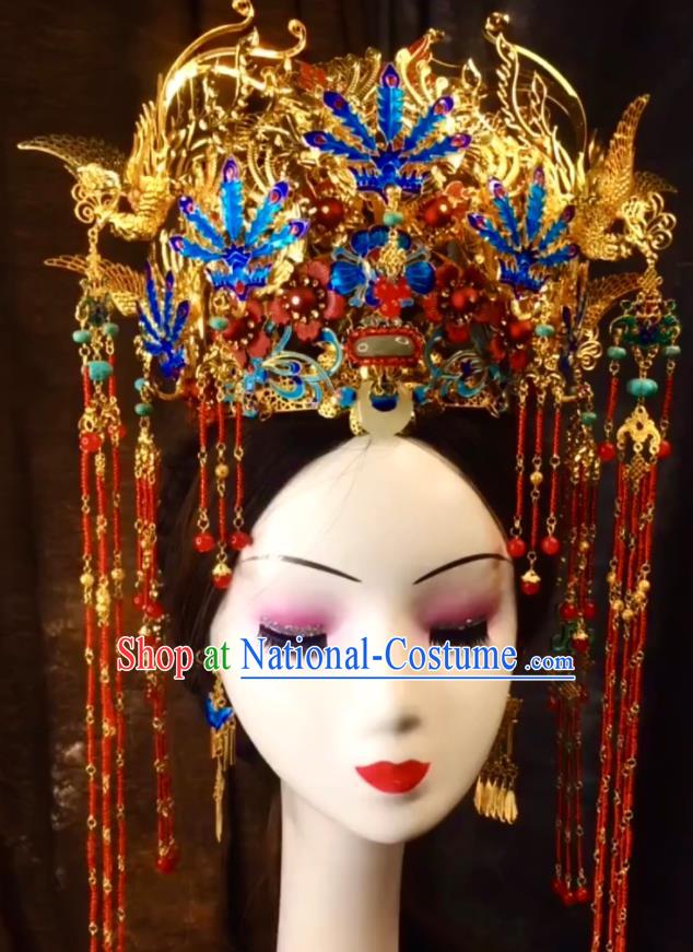 Top China Catwalks Headdress Wedding Hair Accessories Stage Show Deluxe Hair Crown Ancient Imperial Concubine Cloisonne Phoenix Coronet