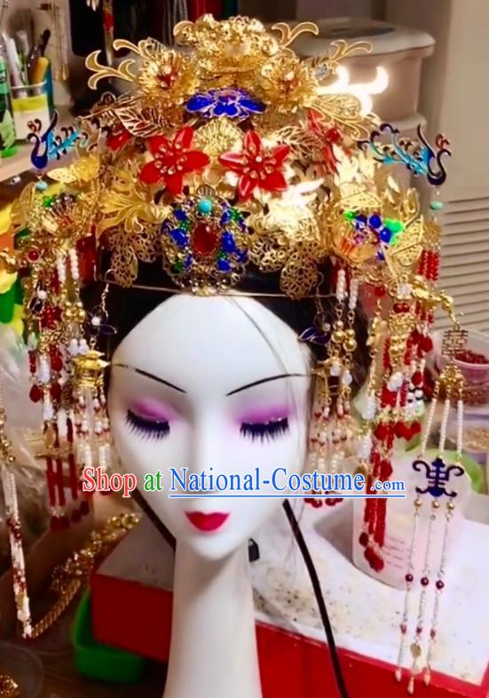 Top China Ancient Empress Cloisonne Phoenix Coronet Catwalks Headdress Wedding Hair Accessories Stage Show Deluxe Hair Crown