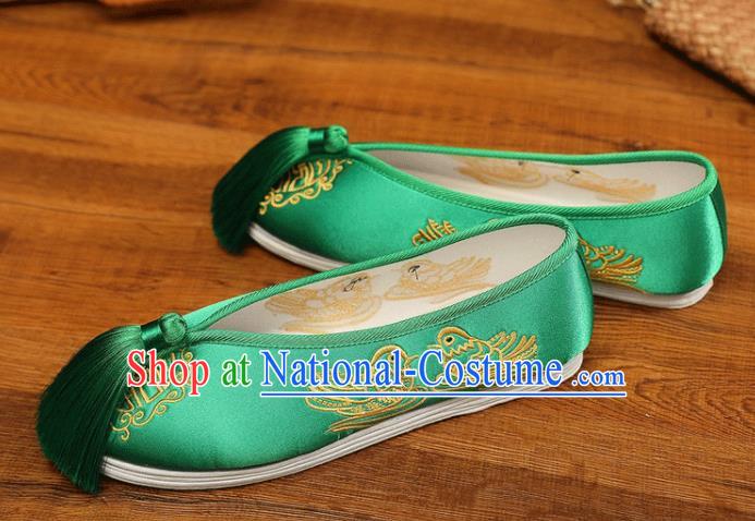 China Embroidered Mandarin Duck Shoes Handmade Bride Shoes XiuHe Green Satin Shoes Hanfu Shoes Classical Wedding Shoes