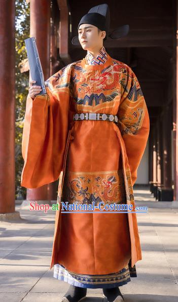 China Traditional Historical Clothing Ancient Young Male Orange Hanfu Robe Ming Dynasty Official Garment Costume