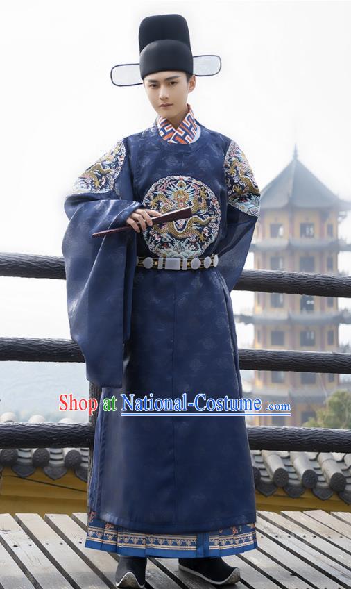 China Traditional Ming Dynasty Official Historical Clothing Ancient Embroidered Navy Hanfu Robe Wedding Costume for Men