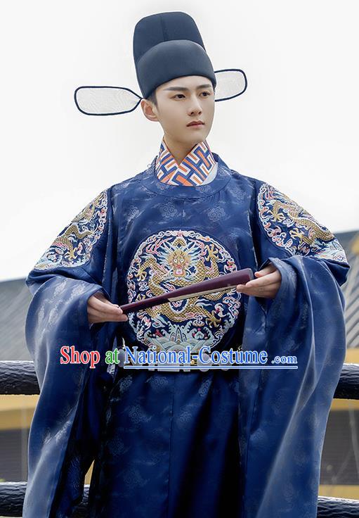 China Traditional Ming Dynasty Official Historical Clothing Ancient Embroidered Navy Hanfu Robe Wedding Costume for Men