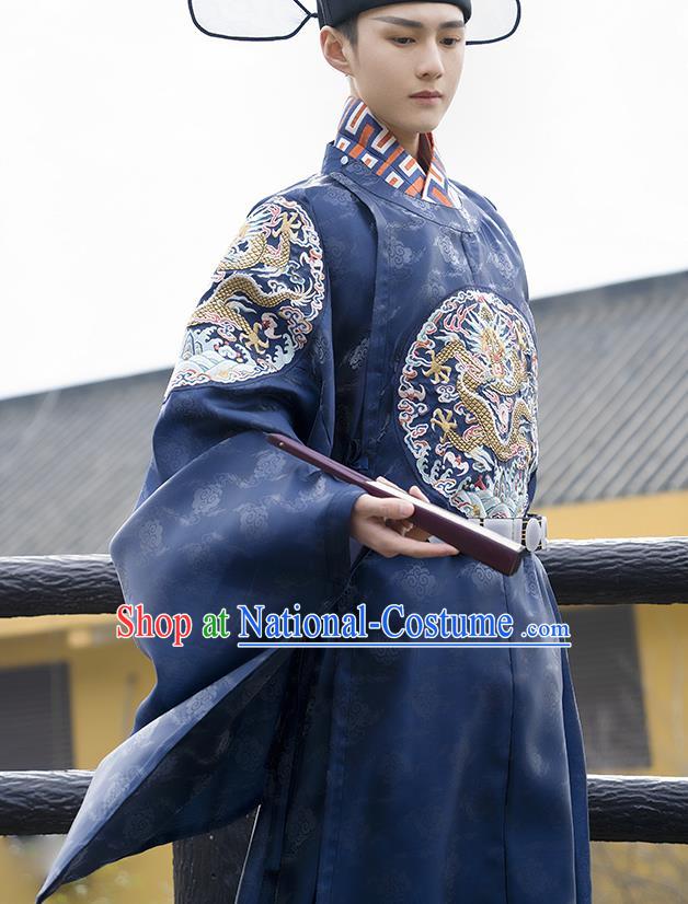 China Traditional Ming Dynasty Official Historical Clothing Ancient Embroidered Navy Hanfu Robe Wedding Costume for Men