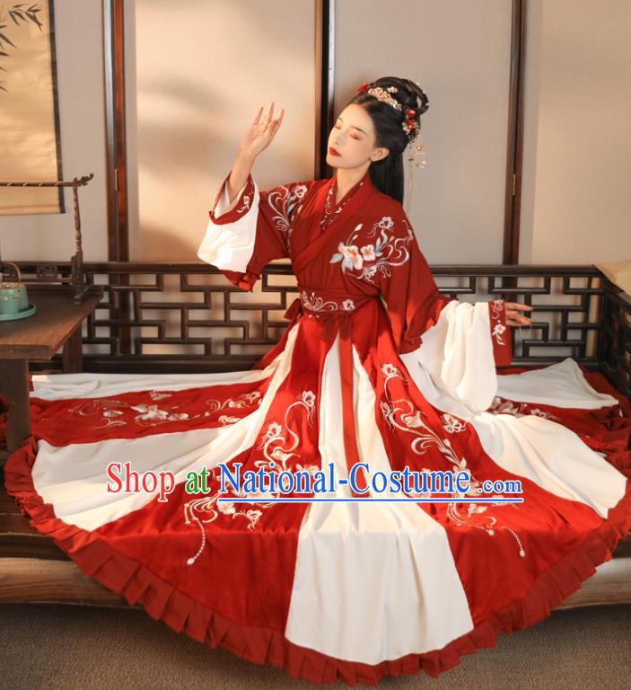 China Ancient Royal Princess Embroidered Red Hanfu Dress Jin Dynasty Palace Lady Clothing Traditional Historical Garment Costumes