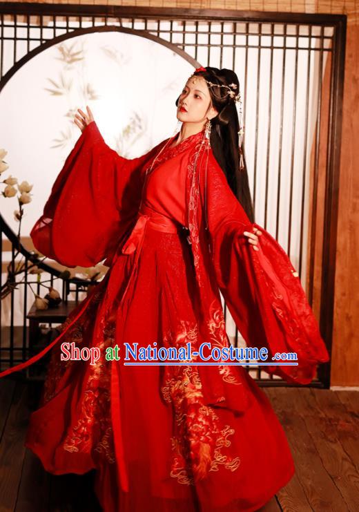 China Ancient Bride Red Hanfu Dress Garments Traditional Jin Dynasty Princess Wedding Embroidered Historical Clothing Complete Set