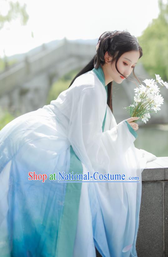 China Traditional Jin Dynasty Young Beauty Historical Clothing Ancient Noble Lady Blue Hanfu Dress Garments