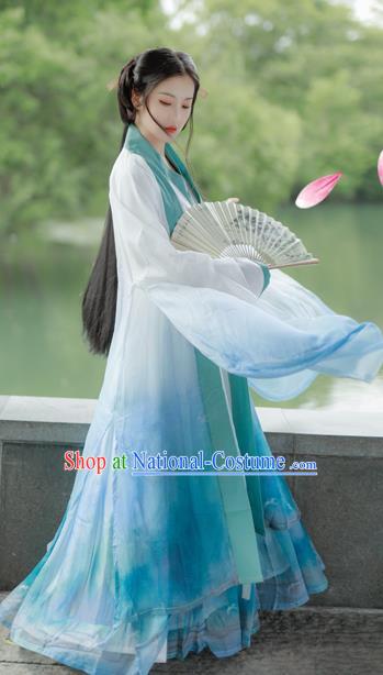 China Traditional Jin Dynasty Young Beauty Historical Clothing Ancient Noble Lady Blue Hanfu Dress Garments