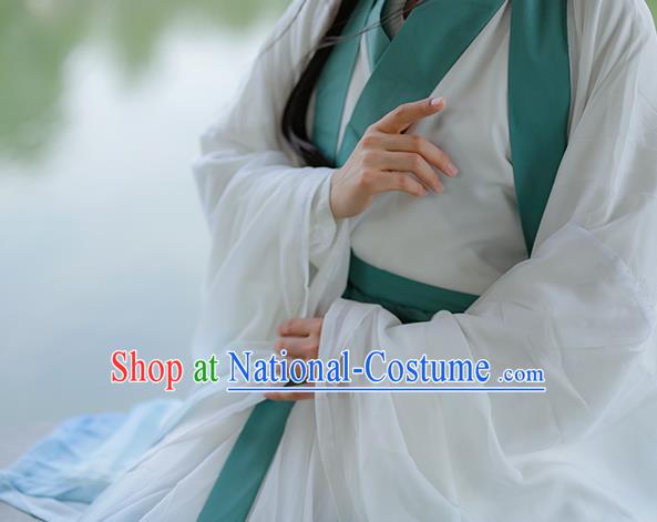 China Traditional Jin Dynasty Young Beauty Historical Clothing Ancient Noble Lady Blue Hanfu Dress Garments