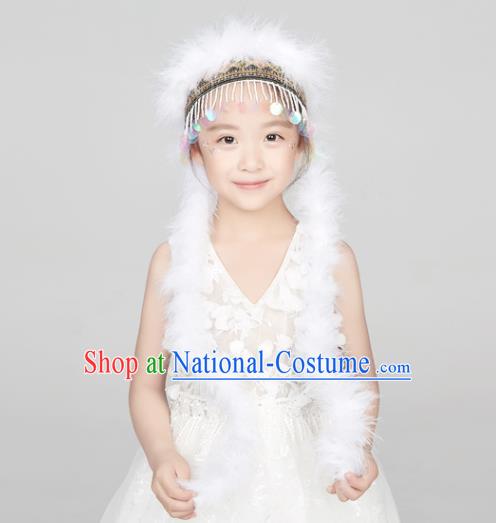 Professional China Ethnic Dance White Feather Headdress Girl Stage Performance Hair Crown Xinjiang Hui Nationality Dance Hair Accessories