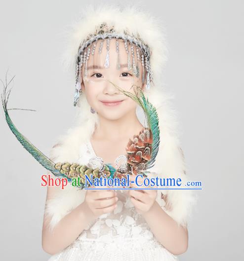 Professional China Xinjiang Hui Nationality Dance Hair Accessories Ethnic Dance White Feather Headdress Girl Stage Performance Hair Crown