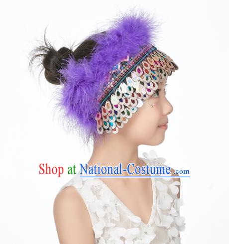 Professional China Mongolian Ethnic Dance Purple Feather Headdress Girl Stage Performance Hair Crown Mongol Nationality Dance Hair Accessories