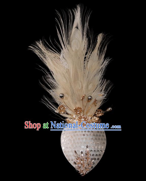 Professional China Dai Nationality Dance Hair Accessories Yunnan Ethnic Peacock Dance Beige Feather Headdress Children Dance Performance Hair Crown