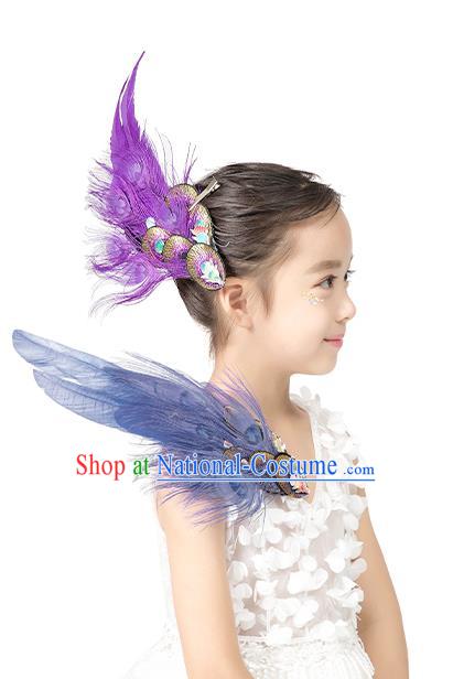 Professional Children Stage Performance Headpiece Classical Dance Hair Accessories Peacock Dance Purple Feather Hair Crown