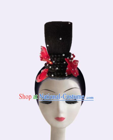 Handmade Chinese Classical Dance Hair Accessories Fan Dance Headpieces Woman Solo Dance Wigs Chignon