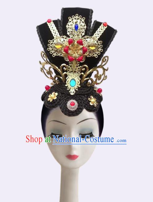 Handmade Chinese Flying Apsaras Dance Headpieces Woman Hanfu Dance Wigs Chignon Classical Dance Hair Accessories