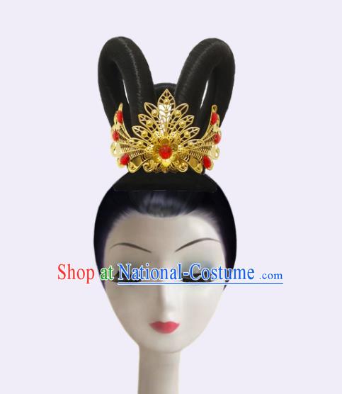 Handmade Chinese Stage Performance Hairpieces Woman Flying Apsaras Dance Wigs Chignon Classical Dance Hair Accessories