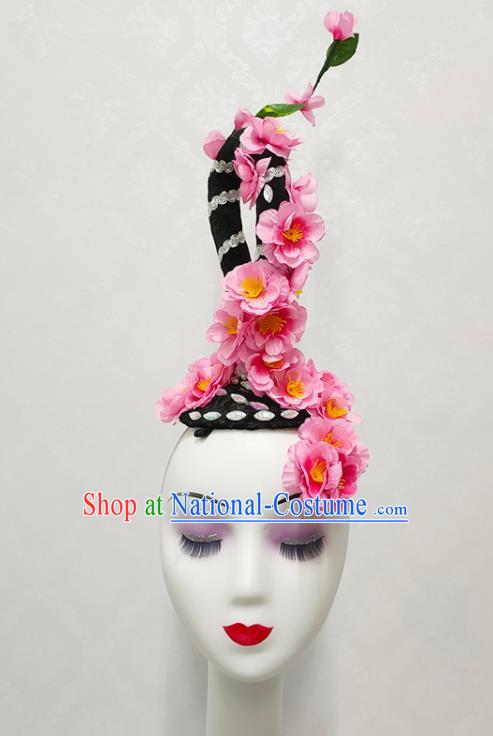 Handmade Chinese Peach Blossom Dance Hair Accessories Stage Performance Hairpieces Woman Classical Dance Wigs Chignon