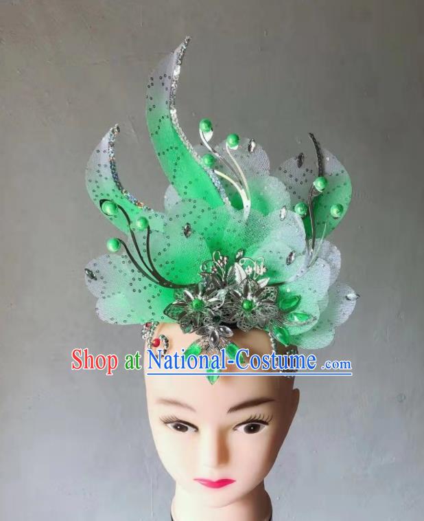 China Spring Festival Gala Opening Dance Hair Accessories Modern Dance Headdress Stage Performance Green Flower Hair Crown