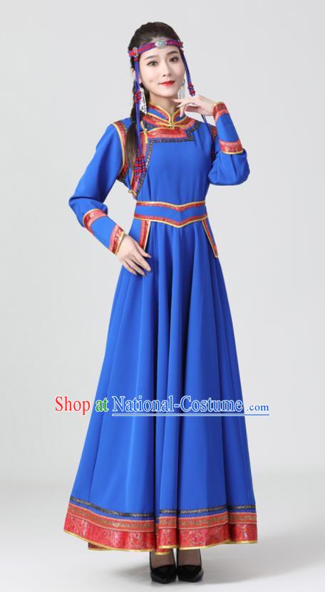 China Mongol Nationality Dance Clothing Woman Group Dance Garment Ethnic Costumes Mongolian Performance Blue Dress