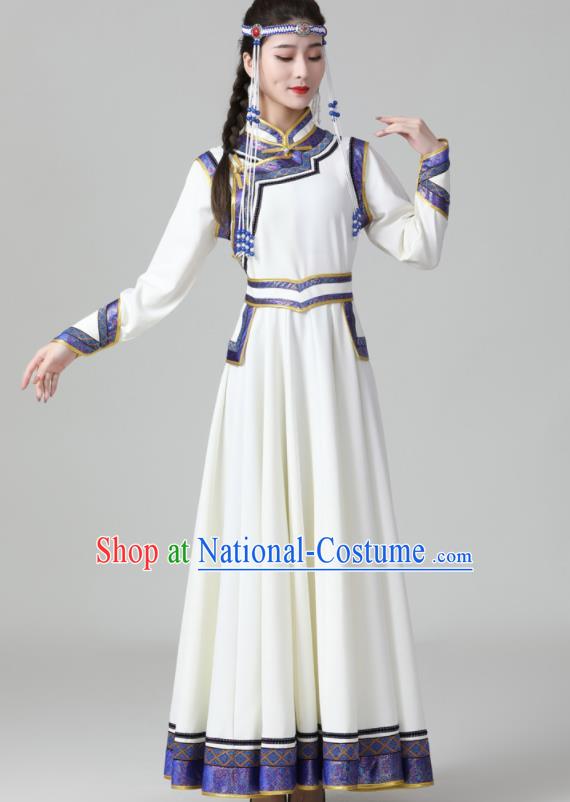 China Mongolian Performance White Dress Mongol Nationality Dance Clothing Woman Group Dance Garment Ethnic Costumes