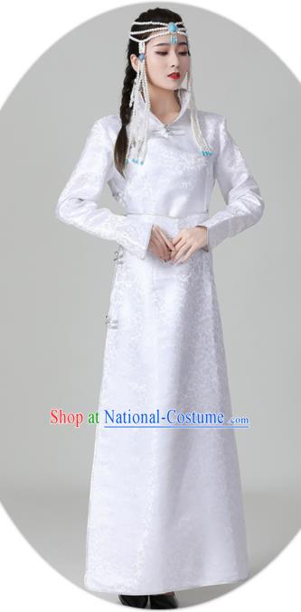 China Mongolian Performance Long Robe Mongol Nationality Folk Dance Clothing Woman Group Dance Garment Ethnic White Brocade Dress