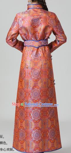 China Ethnic Red Brocade Dress Mongolian Performance Long Robe Mongol Nationality Folk Dance Clothing Woman Group Dance Garment