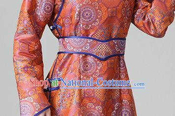 China Ethnic Red Brocade Dress Mongolian Performance Long Robe Mongol Nationality Folk Dance Clothing Woman Group Dance Garment