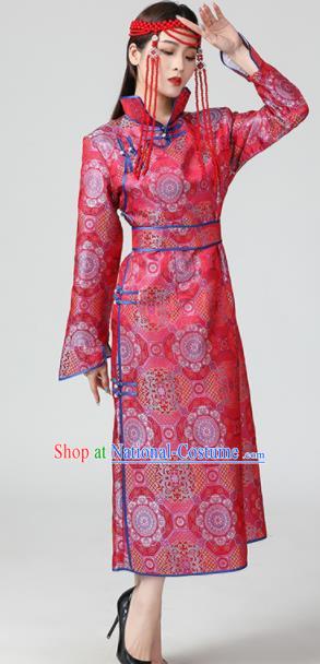 China Woman Group Dance Garment Ethnic Rosy Brocade Dress Mongolian Performance Long Robe Mongol Nationality Folk Dance Clothing