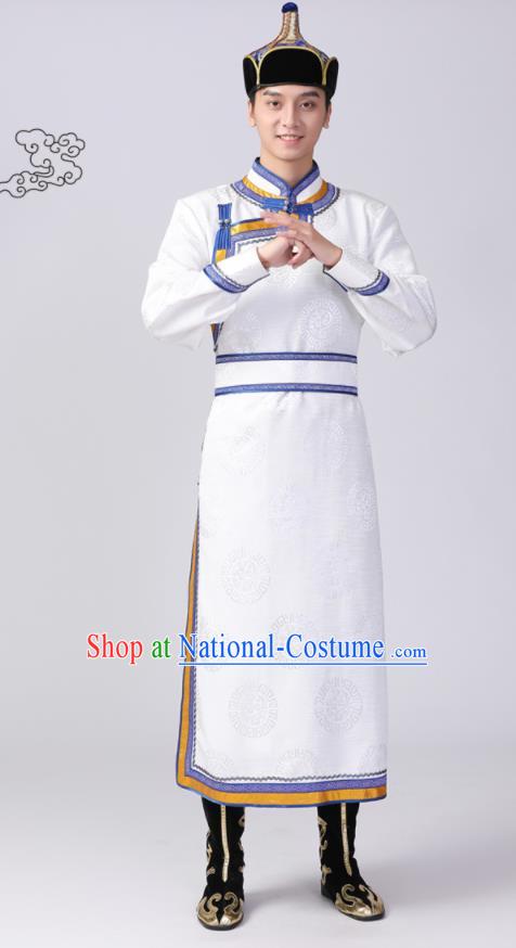 Chinese Mongol Nationality Dance White Robe Mongolian Ethnic Male Garment Costume Minority Stage Performance Clothing