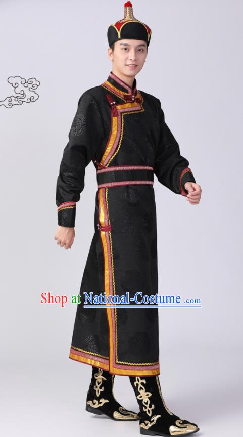 Chinese Minority Stage Performance Clothing Mongol Nationality Dance Black Robe Mongolian Ethnic Male Garment Costume