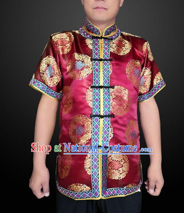 Chinese Minority Performance Clothing Mongol Nationality Folk Dance Wine Red Brocade Shirt Mongolian Male Upper Outer Garment Ethnic Costume