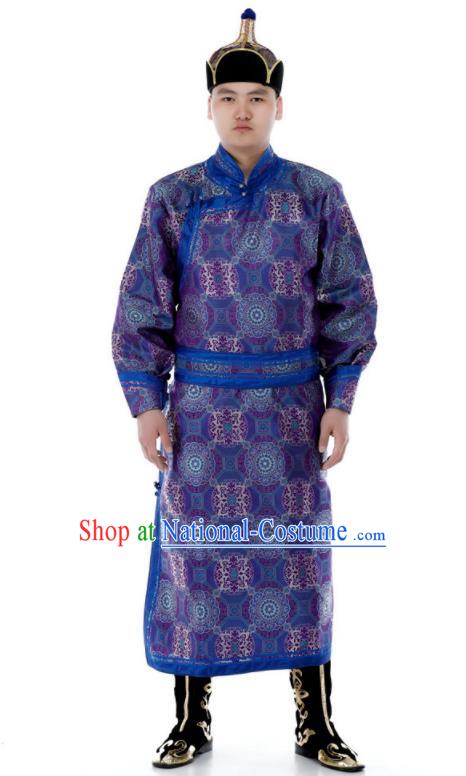 Chinese Ethnic Folk Dance Costume Minority Performance Clothing Mongol Nationality Deep Blue Brocade Robe Mongolian Male Garment