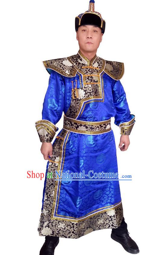 Chinese Ethnic Wedding Costume Minority Festival Performance Clothing Mongol Nationality Royalblue Brocade Robe Mongolian Male Folk Dance Garment