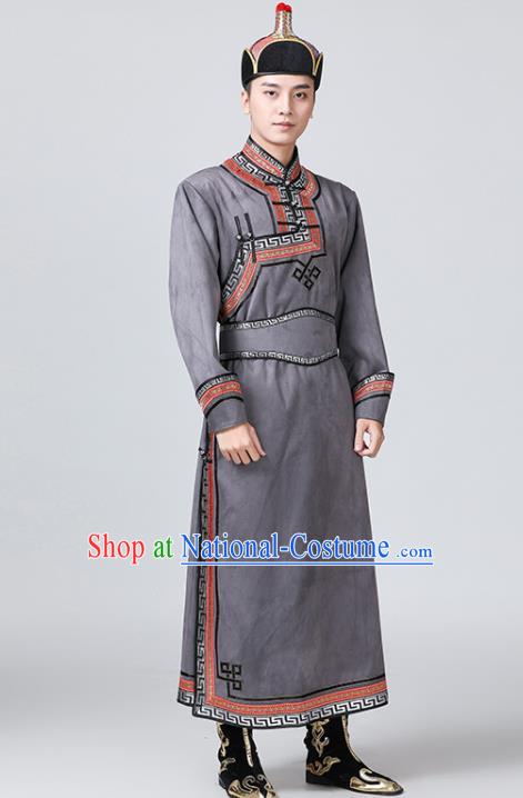 Chinese Mongolian Male Garment Costume Ethnic Minority Folk Dance Clothing Mongol Nationality Grey Suede Fabric Robe