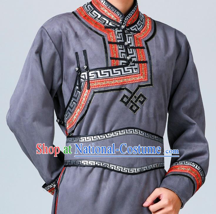 Chinese Mongolian Male Garment Costume Ethnic Minority Folk Dance Clothing Mongol Nationality Grey Suede Fabric Robe