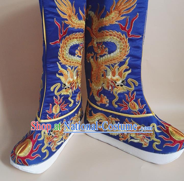 Chinese Ancient Emperor Shoes Beijing Opera King Shoes Handmade Imperial Royalblue Satin Boots Sichuan Opera Embroidered Dragon Shoes