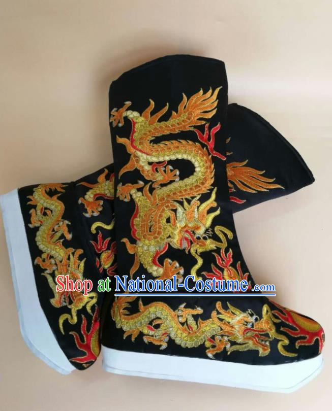 Chinese Handmade Imperial Black Satin Boots Sichuan Opera Embroidered Dragon Shoes Ancient Emperor Shoes Beijing Opera King Shoes